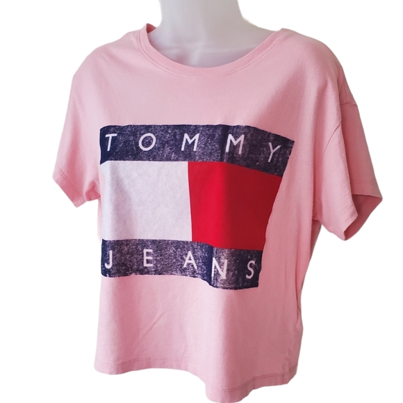 SOLD TOMMY JEANS Graphic Crop Tee Shirt Cotton Pink - Picture 3 of 14